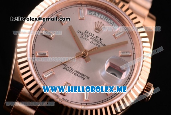 Rolex Day-Date Swiss ETA 2836 Automatic Rose Gold Case/Bracelet with Silver Dial and Stick Markers (BP) - Click Image to Close